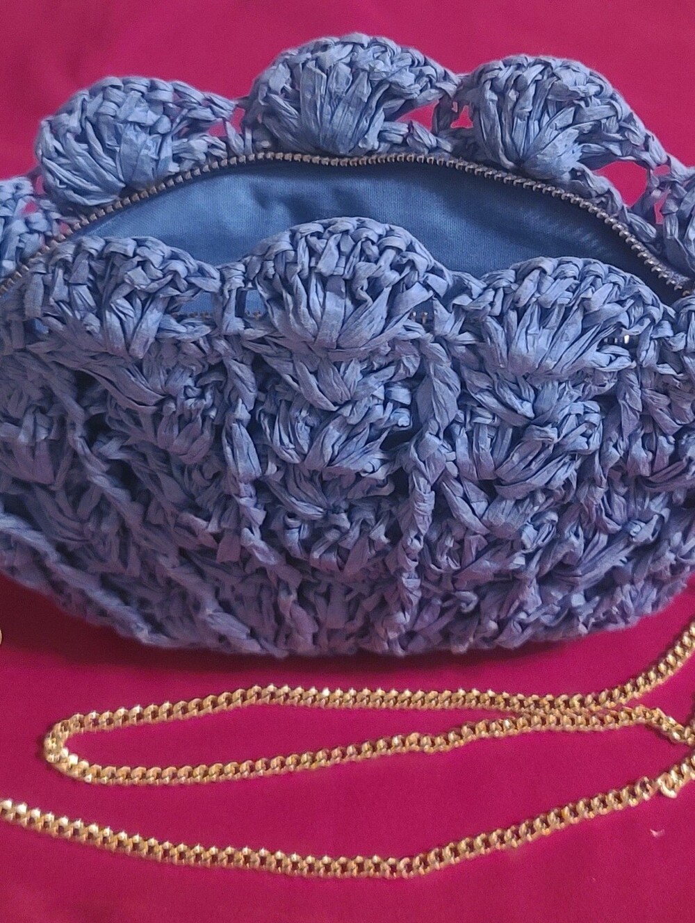 J.Crew Sold-Out Periwinkle Raffia Straw Shell Clutch & Gold Chain Crossbody NWT